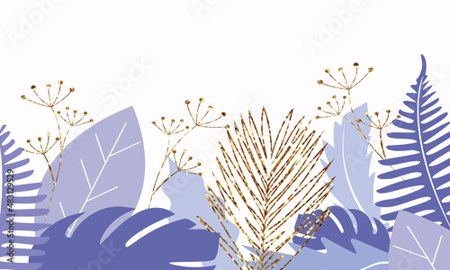 Background with leaves and plants with space for text in purple, very peri tones with leaves and plants