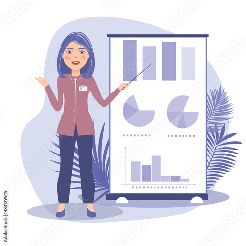 A girl near the stand comments on the presentation. A businesswoman or Manager is advertising a project. Cartoon character on an isolated background in purple tones very peri
