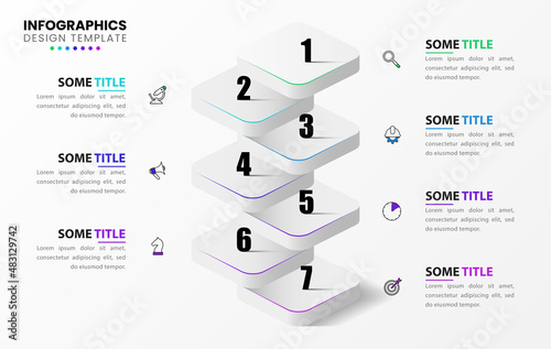 Infographic template with icons and 7 options or steps. Staircase