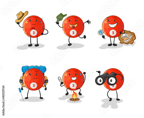 red billiard ball adventure group character. cartoon mascot vector