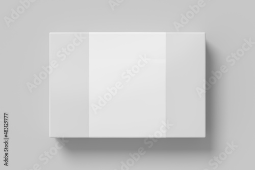 Flat box mock up with blank paper cover label: White gift box on white background. photo