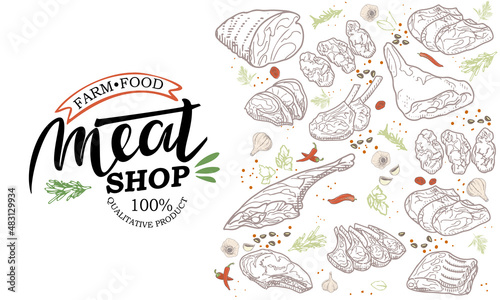 A set of raw meat. Beef, pork, lamb. Vector illustration in the style of a sketch. A booklet, banner, or flyer of a butcher shop or store.