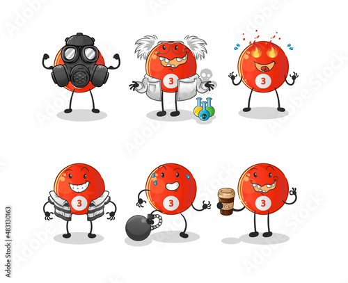red billiard ball villain group character. cartoon mascot vector