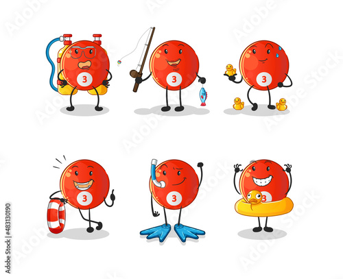 red billiard ball water activity group. cartoon mascot vector