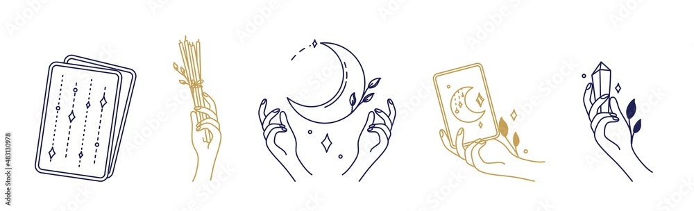 Magical symbols set of doodles esoteric boho mystical hand-drawn elements stone crystals. In gold and blue. Magical vector elements Magical symbols set of doodles esoteric boho mystical hand-drawn elements stone crystals. In gold and blue. Magical vector elements