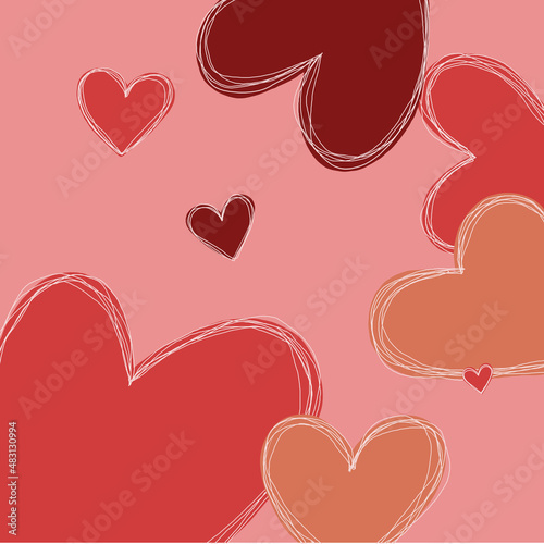 Valentine's day illustration with pink, burgundy, and beige hearts, overlined with white strokes on a pastel pink background. Valentine's day pattern. Valentine's day card.  Valentine's day wallpaper