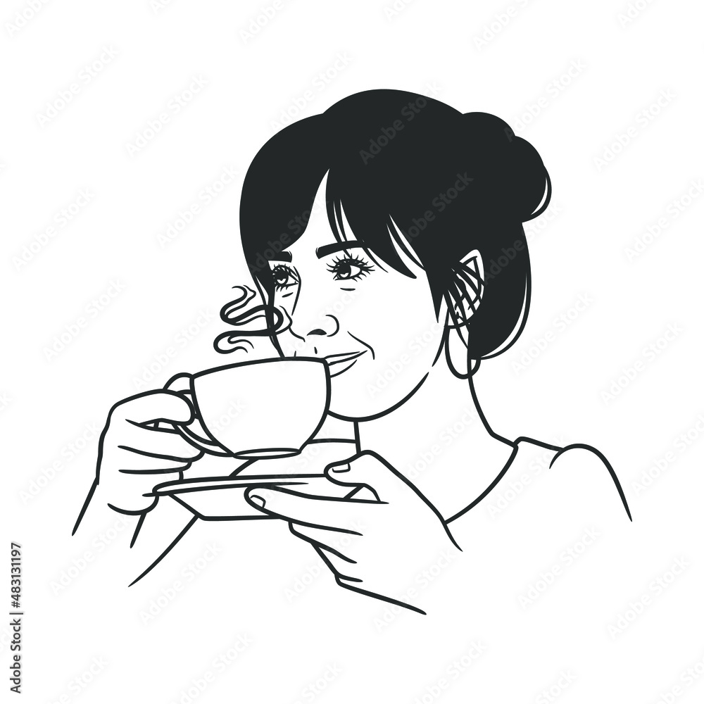 Line art drawing of women drinking coffee or tea Line art drawing of women drinking coffee or tea