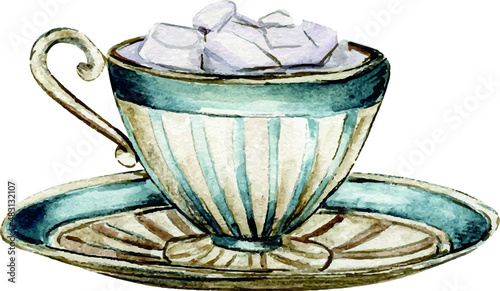 Watercolor romantic birds tea time valentine vintage cup, kettle cake, sweet cookie