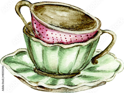 Watercolor romantic birds tea time valentine vintage cup, kettle cake, sweet cookie