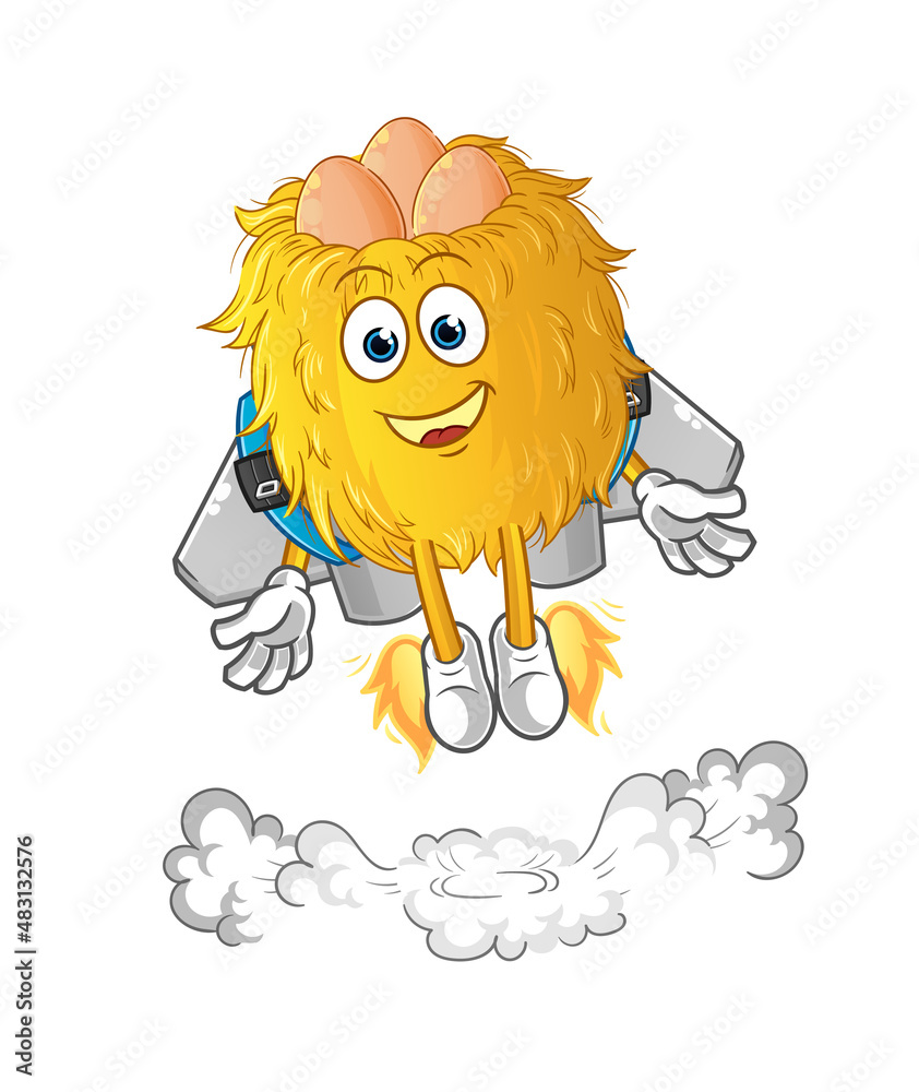 bird nest with jetpack mascot. cartoon vector