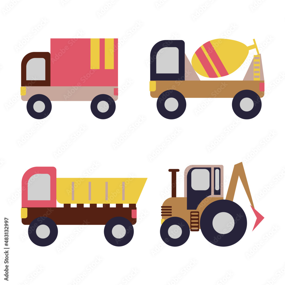 Naklejka premium Icon set of tractor, concrete truck, truck, dump truck. Bright vector and illustration. Children's drawing, toy cars, special equipment.