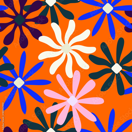 Abstract Retro Flowers Vintage Style  Vector Florals Seamless Pattern Trendy Fashion Colors Chic Elegant Look