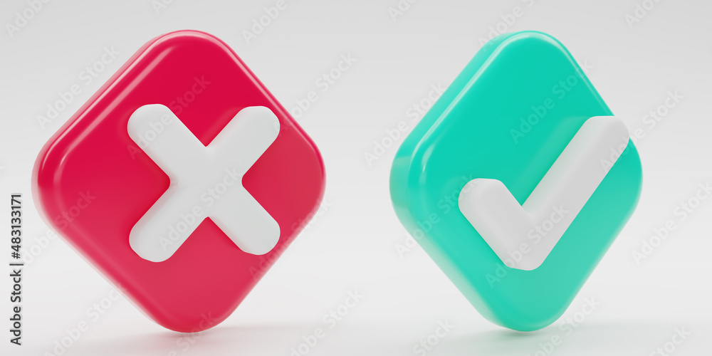 Fototapeta premium 3D render Checkmark and X mark icon set. Checkmark right symbol, tick sign. check and uncheck for web and mobile apps. 3D rendering illustration.