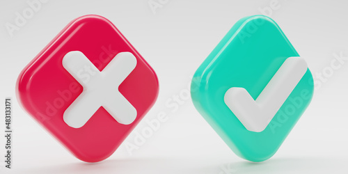 3D render Checkmark and X mark icon set. Checkmark right symbol, tick sign. check and uncheck for web and mobile apps. 3D rendering illustration.