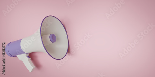 Purple megaphone loudspeaker isolate on pink background. A megaphone is placed on the pink floor. Copy space. 3d rendering illustration.