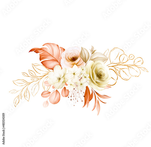 Golden Floral Arrangement of Soft Watercolor and Line Art Flowers