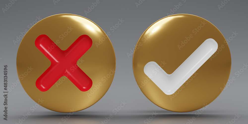 Obraz premium 3D render gold Checkmark and X mark icon set. Checkmark right symbol with golden color, tick sign. check and uncheck for web and mobile apps. 3D rendering illustration.