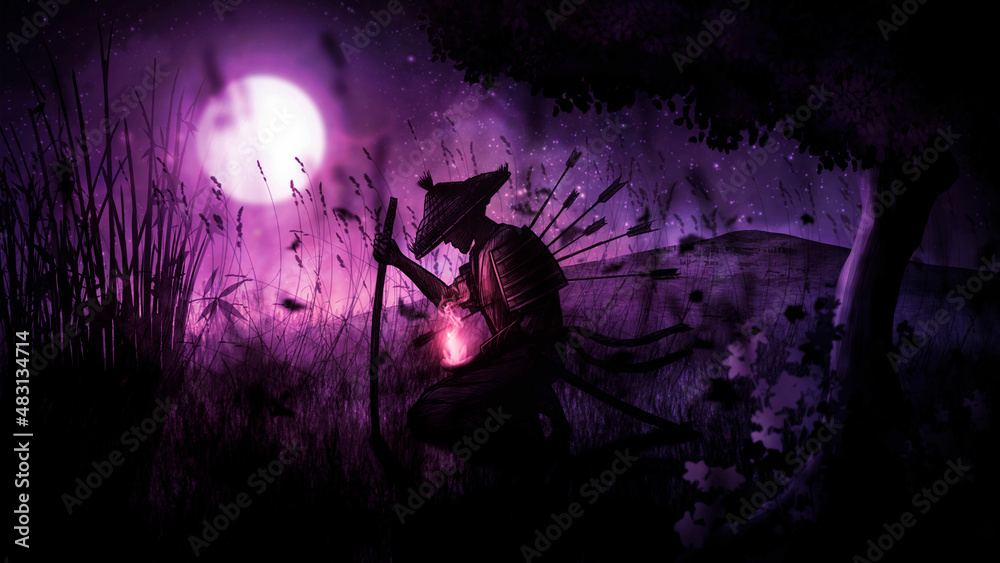 Night landscape with a moon and a dying samurai kneeling under a tree with a magic flower in his hand. Illustration with a Japanese warrior pierced with arrows in the steppe under the open starry sky.