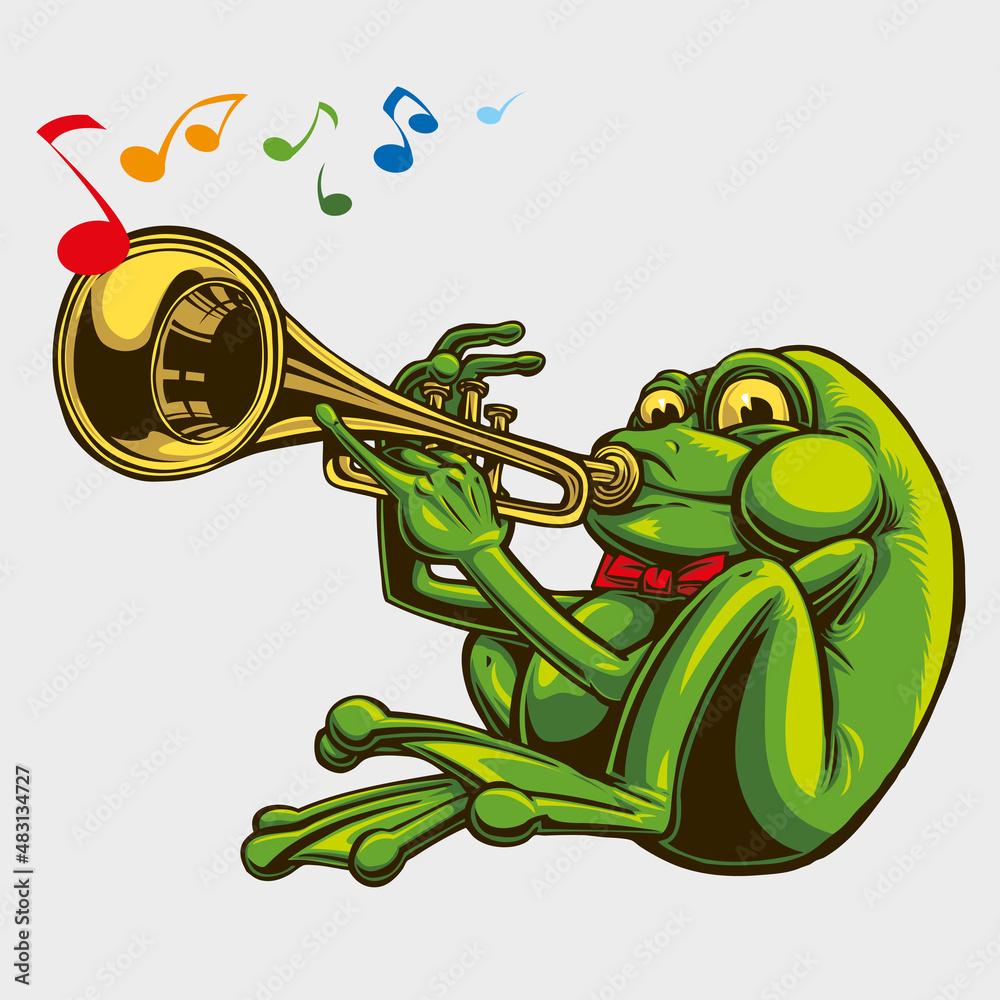 Trumpet player frog with a red bow tie. Green toad playing music with