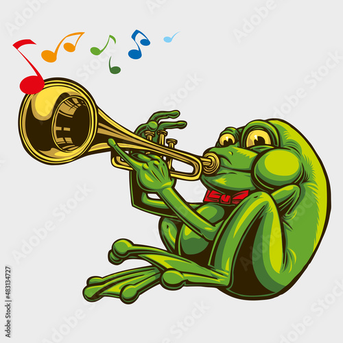 Trumpet player frog with a red bow tie. Green toad playing music with his trumpet. Colorful musical notes coming out of a trumpet played by a frog.