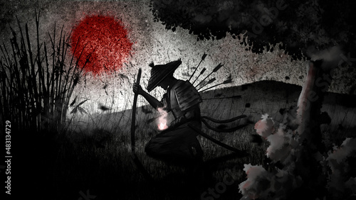 Schilderij op canvas Ink landscape with a red sun and a dying samurai kneeling under a tree with katana and magic flower in his hand