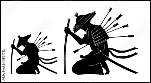 Isolated silhouette of a samurai pierced with arrows, sitting on his knees in a straw hat with a katana in his hand. The figure of a dying Japanese warrior in a kimono with armor on his shoulder.