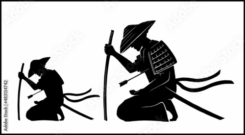 The figure of a dying samurai in a kimono with armor on his shoulder. Isolated silhouette of a Japanese warrior pierced with an arrow, sitting on his knees in a round hat with a katana in his hand.