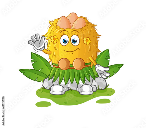 bird nest hawaiian waving character. cartoon mascot vector