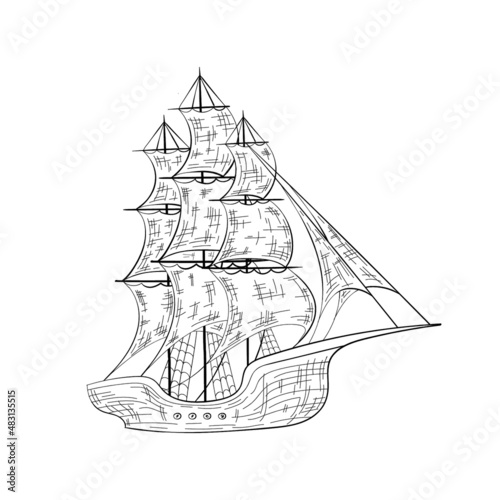 Sketch hand drawn sailing boat isolated on white background. Vector illustration.