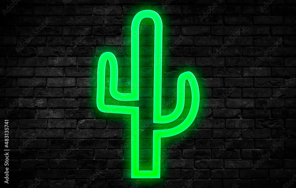 Icono de cactus de neón verde sobre muro. Icono de cactus de neón verde sobre muro.
