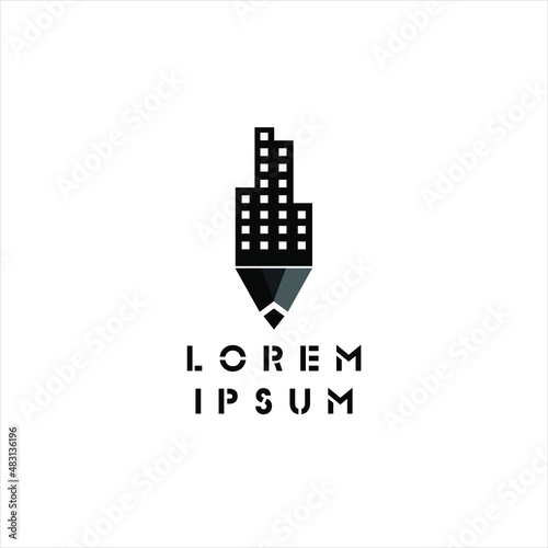 Architecture logo design layout.Pencil and a building in negative space creative concept with . Commercial building construction symbol