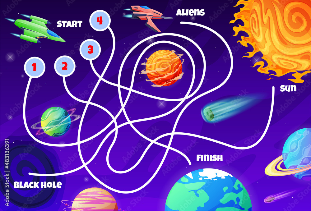Maze game for kids with galaxy futuristic planet spaceship at outer space vector flat illustration