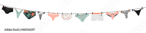Women panties hanging on a rope. The underwear is dried after washing. Various options for panties. Vector flat illustration