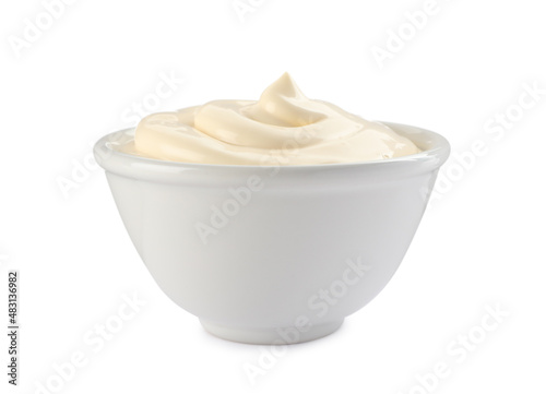 Bowl with tasty mayonnaise isolated on white