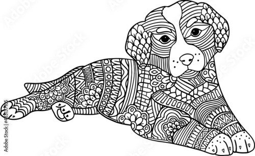 Hand drawn Coloring pages with  dog  , zentangle illustration for adult anti stress Coloring books or tattoos with high details isolated on white background. Vector monochrome sketch