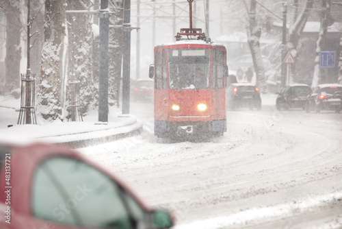 Tram public transportation in winter conditions.