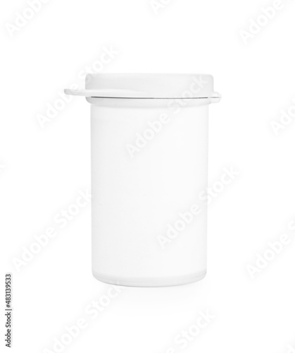 One closed plastic container on white background