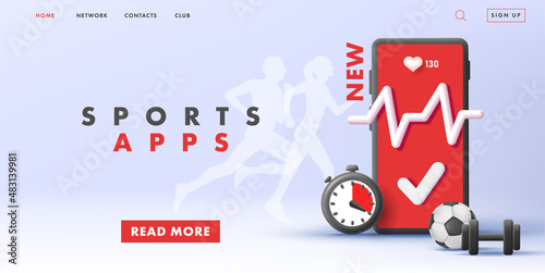 Fitness mobile application web banner with 3d smartphone illustration and heart rate, timeclock and football ball with dumbbell icons and running people