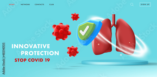 Lungs protection medical 3d illustration with human lungs in a protective fielad with shield icon and virus molecules attacing it