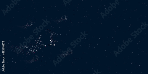 A freestyle skiing symbol filled with dots flies through the stars leaving a trail behind. There are four small symbols around. Vector illustration on dark blue background with stars