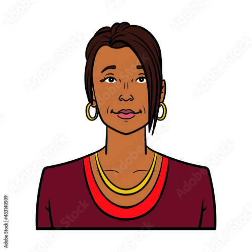 dark-skinned businesswoman in red blazer and gold chain. Avatar comic vector.