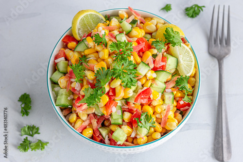 Sweet Corn Salad in a Bowl Top Down Photo, Healthy Food Photo