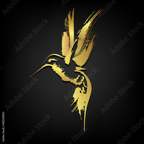 Humming bird hop on air ,Brush stroke golden painting over black background
