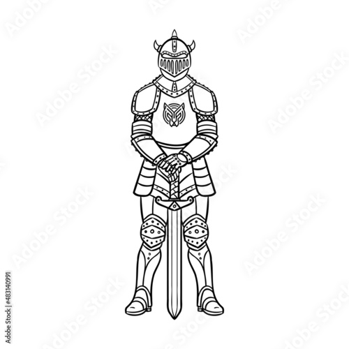 knight with sword. Comic outline monochrome vector.