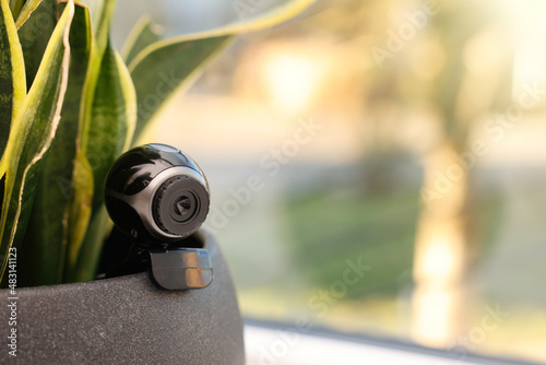 Camera hidden in flowerpot with houseplant on windowsill. Space for text photo