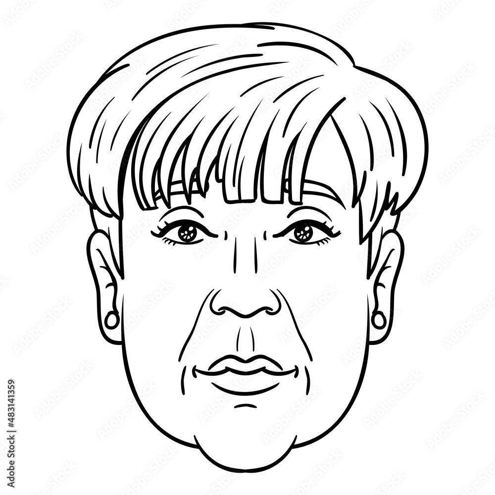 old woman with short hairstyle. Monochrome comic outline drawing head.