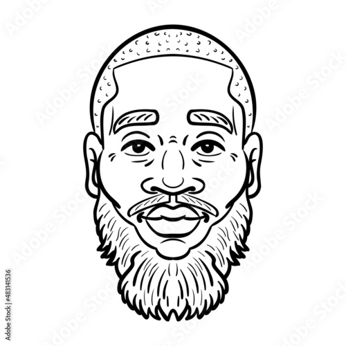 african man with beard. Face monochrome outline comic.