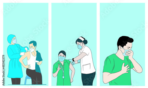 Corona vaccine. Woman wearing mask to vaccinate against COVID-19 at the hospital. Doctor vaccinating coronavirus patient. Vector illustration.