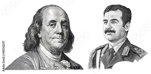 Benjamin Franklin cut on new 100 dollars banknote and Saddam Hussein cut from 25  Iraqi dinar banknote photo