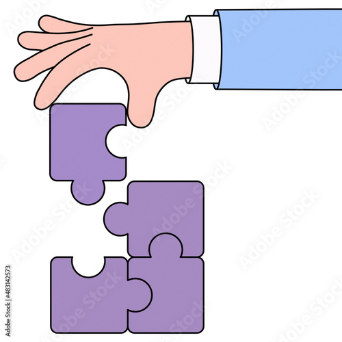 Cartoon hand connecting jigsaw puzzle. Symbol of teamwork, cooperation, partnership, Problem-solving, business concept photo